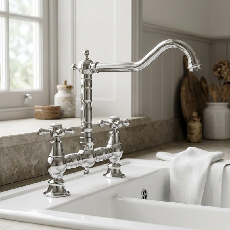 Aquanello Heritage Ascot Klassieke Keuken Nostalgische Brug Keukenkraan Chroom met Kruishendels CR-0011-HM